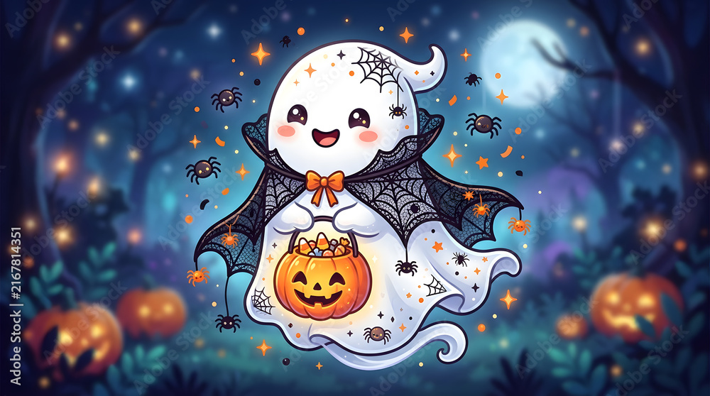 Obraz premium Cute cartoon ghost wearing a spiderweb cape and holding a glowing jack-o'-lantern candy pail in a dark, magical forest at night