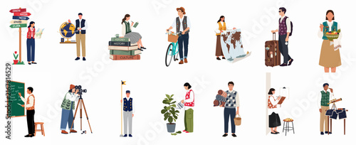 Collection of diverse people engaged in various lifestyle activities, hobbies, travel, and education depicted in a flat vector illustration style on a white background.