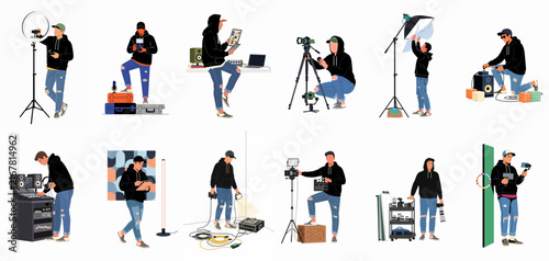 Collection of Vector Illustrations Featuring a Male Media Professional Operating Various Film, Photography, and Audio Equipment in a Studio Environment