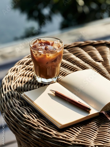 Iced coffee glass alongside blank journal and pen on wicker table outdoors with natural sunlight