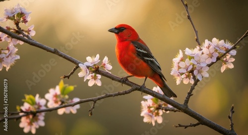 Vivid red bird with black wings perched on flowering branch, sunlight blur background