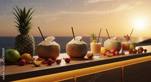 Tropical scene with cocktails, fruits, and ocean at sunset