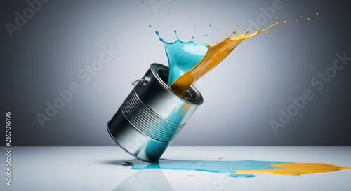 Metallic paint can spills vibrant turquoise and gold paint, creating dynamic splash art