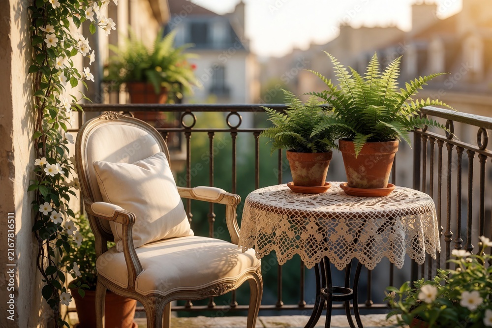 Fototapeta premium Small urban balcony with cozy furniture at sunset. White vintage chair with cushion, round table with lace tablecloth sit near green fern plants. Tiny outdoor terrace with flowers offers peaceful
