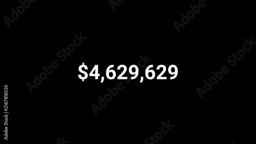 Number counter animation  on a transparent background  with alpha channel , Counting Numbers from $0 to $487,316 on a black background, Counting number video  
