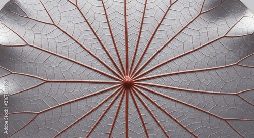 Metallic silver lotus leaf with intricate reddish brown veins radiating outward, smooth surface, minimalist art, macro botanical detail, luxury, intricate, silver