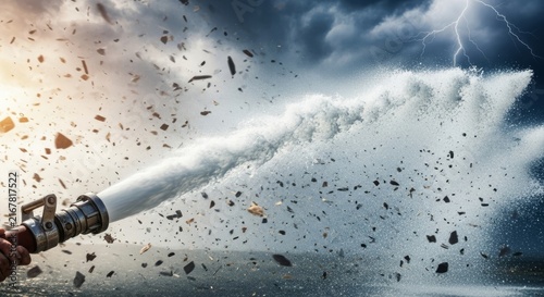 Dramatic cinematic shot of a heavy-duty firehose discharging high-pressure water against gale force winds and debris during an emergency, impact, equipment, persistence