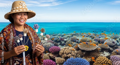 Smiling portrait with traditional attire and marine restoration tools against a vibrant reef backdrop and turquoise tropical ocean water, nature, sunlight, conservation