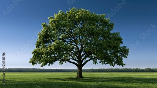 Lone large green tree standing in the middle of a vast grassy field under clear blue sky on a sunny day with distant forest horizon