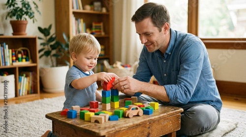 Smiling father kneels beside toddler boy at wooden play table, gently guiding small hands to stack colorful wooden building blocks in cozy sunlit living room