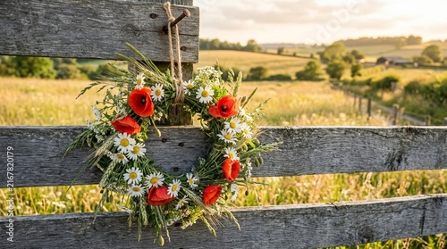 Rustic wildflower wreath with red poppies, white daisies, and meadow grasses hanging by twine on weathered wooden fence during golden countryside sunset, rural summer decor