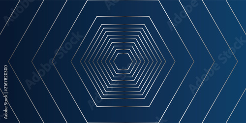Dark blue abstract background with overlapping blue hexagon geometric decoration and sparkling gold line effect