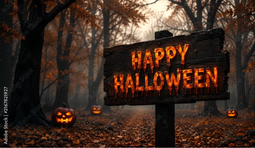 Naklejka premium A cinematic autumn forest sign glows warmly through mist, with crisp orange “HAPPY HALLOWEEN” lettering.