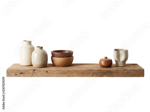 Neutral Ceramic Vases and Pottery Arranged on a Minimalist Wooden Shelf, Scandinavian Home Decor Display for Interior Styling, Living Room and Product Photography