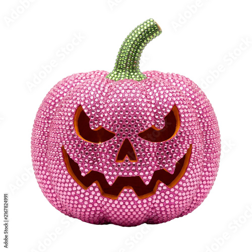 Pink Bedazzled Jack-o'-Lantern with Rhinestone Pumpkin Face Isolated on White, Sparkling Halloween Decoration for Girly Parties, Seasonal Crafts and Social Media