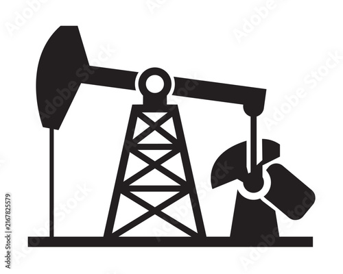 Black and white oil derrick illustration. Industrial equipment icon design for energy and petroleum concepts. with pump
