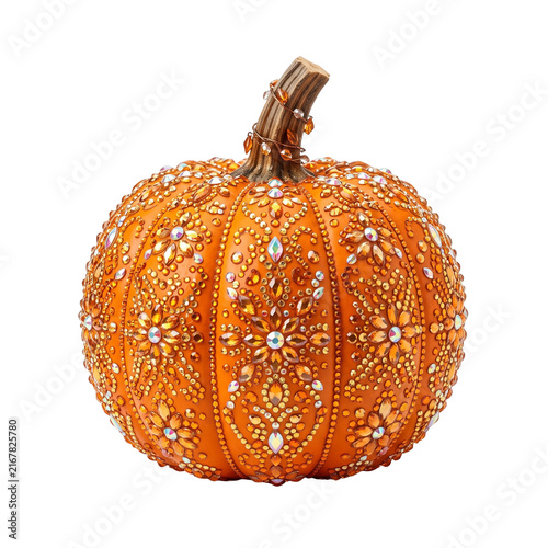 Luxury Bedazzled Orange Pumpkin Covered in Rhinestones and Crystal Beads Isolated on White, Glamorous Halloween and Autumn Decoration for Seasonal Crafts