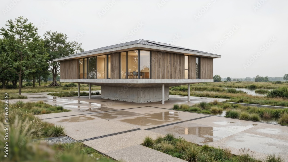 Fototapeta premium Modern minimalist luxury wooden house architecture with glass walls and concrete foundation in a natural landscape