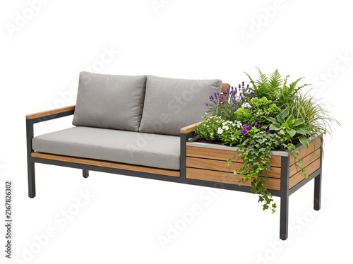 Modern Outdoor Patio Sofa with Built-In Planter and Greenery Isolated on White, Contemporary Garden Furniture for Balcony, Terrace, Hotel and Hospitality Design