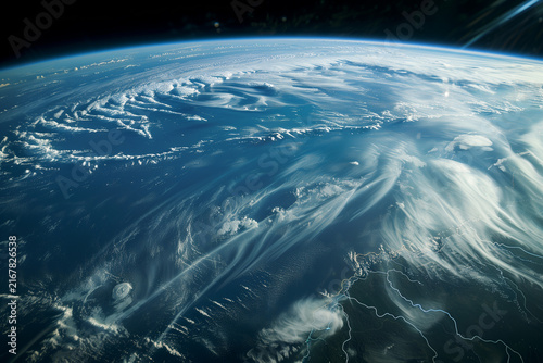 Planet Earth seen from orbit, showcasing swirling cloud formations and the vast expanse of the blue ocean, highlighting the beauty and fragility.