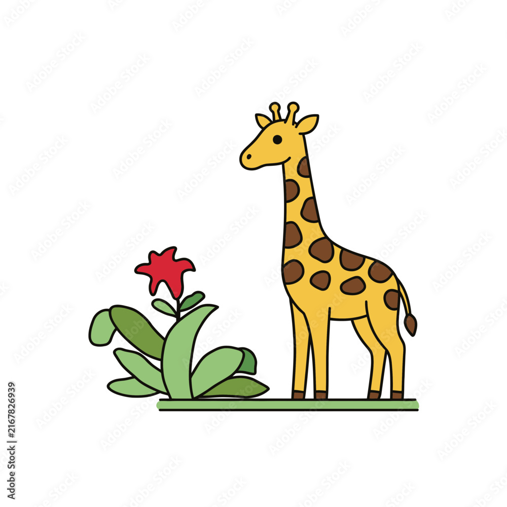 Fototapeta premium Cartoon Giraffe Standing Next to Red Flowering Plant.