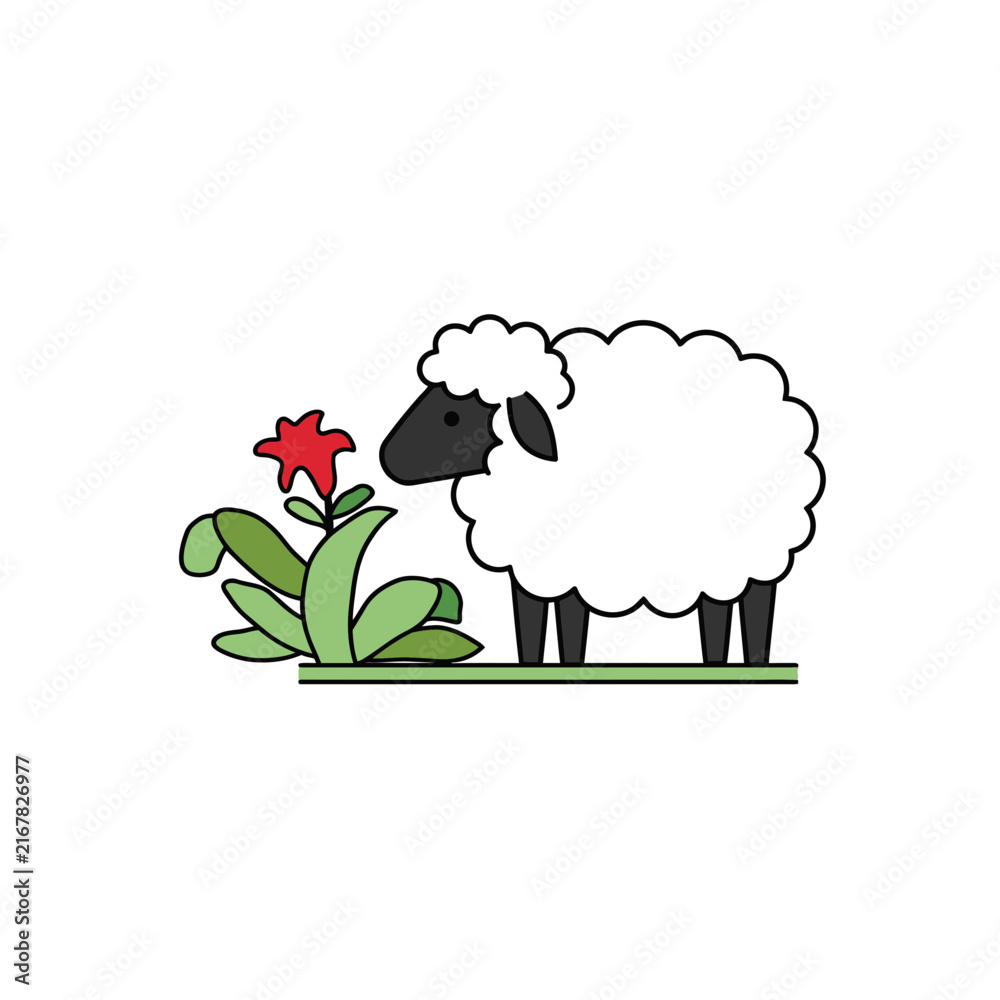 Obraz premium Cute Sheep Standing Beside Red Flower and Green Plant.