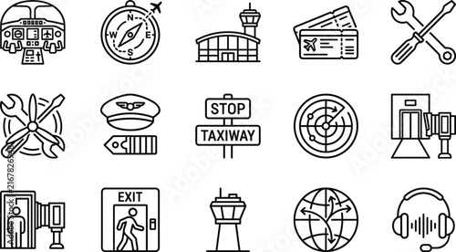 Black outline icon vector set of aviation services airport terminal pilot operations aircraft maintenance and international flight navigation symbols