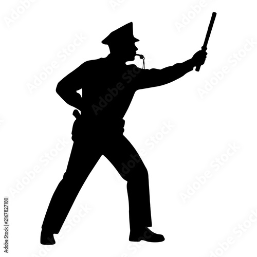 Bild auf Leinwand Silhouette of Police Officer Holding Batons in Defensive Stance.