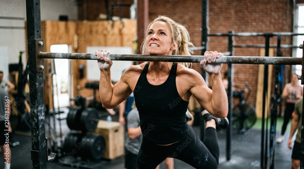 Fototapeta premium Fit Woman Performing Pull Ups in Gym with Chalk on Hands and Intense Expression