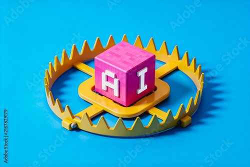 A bear trap holds a pink block marked 'AI', symbolizing risks or pitfalls associated with artificial intelligence technology.