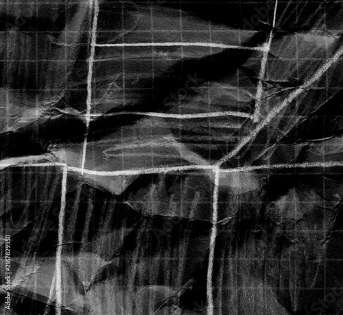 Abstract Background Featuring White Chalk Lines Drawn Over A Dark Crumpled Paper Texture Surface