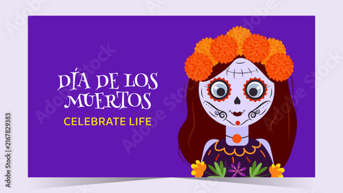 Dia de los Muertos Mexican poster flyer featuring colorful calavera skull cempasuchil flower, Catrina, festive ornament and traditional cultural symbol vector illustration.