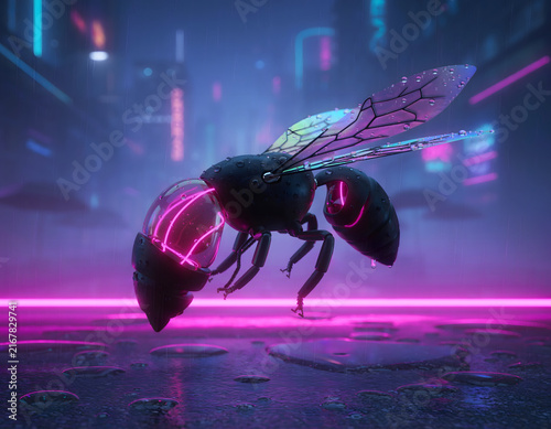 Cyberpunk robotic bee in futuristic neon city, mechanical insect with glowing pink lights and iridescent wings on wet asphalt. Sci-fi cyborg bee concept art with synthwave aesthetic and blue