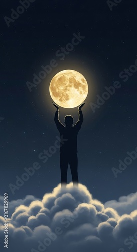 A silhouette of a person standing on clouds holding a glowing full moon against starry night sky