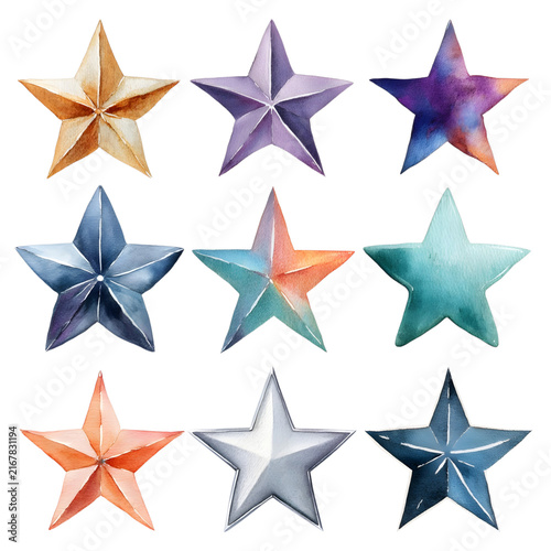 Watercolor Origami Stars in Diverse Colors Set