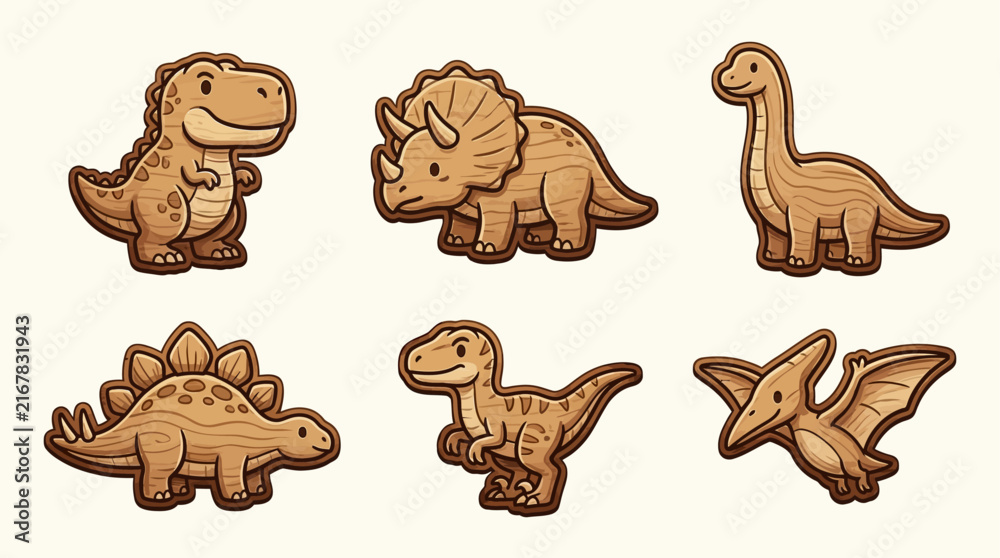 Fototapeta premium Prehistoric dinosaur wooden figures displayed as carved toys with detailed grain textures under soft warm lighting against a pale background.