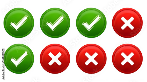 Set of colorful checkmark and cross icons representing approval, disapproval, and error status isolated on transparent background