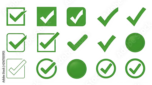 Colorful set of checkmark icons in green with different styles isolated on transparent background