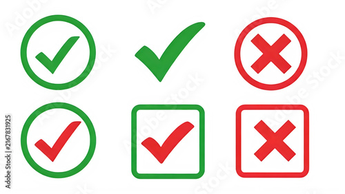 Set of four colorful approval and disapproval icons with checkmark and cross symbols isolated on transparent background