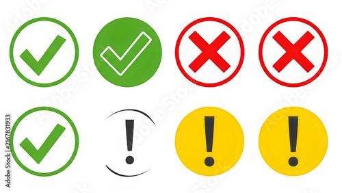 Set of colorful status indicator icons with checkmarks, crosses, and warning symbols isolated on transparent background