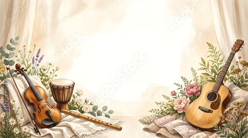 Peaceful Musical Instruments Floral Background