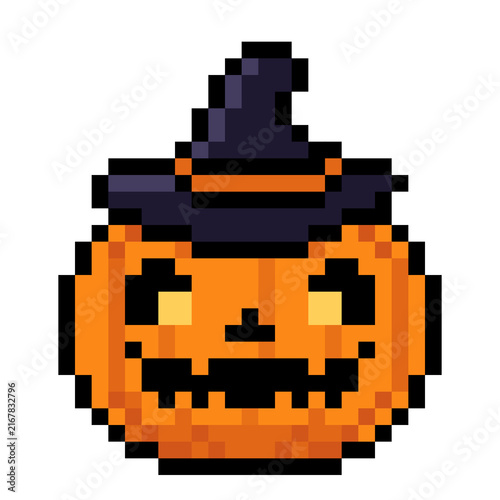 Retro-Style Pixel 8 bit spooky pumpkin Jack-O'-Lantern Wearing a Witch Hat Vector