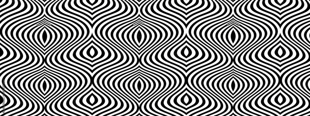 Hypnotic op art pattern, black and white geometric wave background, seamless psychedelic optical illusion texture for modern design