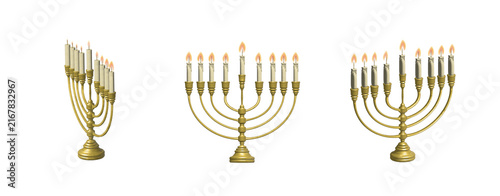 Hanukkah menorah with nine branches three variations, traditional Jewish holiday candle symbol, digital illustration, multiple angles
