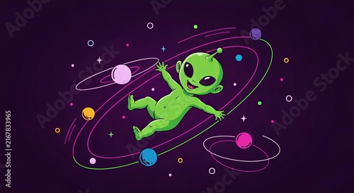 Cute Cartoon Green Baby Alien Floating Happily in Deep Space with Neon Planetary Orbits Illustration