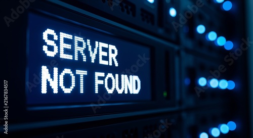Rack Mounted Server Display Screen Error Notification with Glowing Server Not Found Alert Message