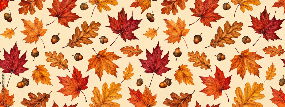 Autumn maple leaf seamless pattern, fall foliage background with acorns and oak leaves, rustic orange and red botanical texture