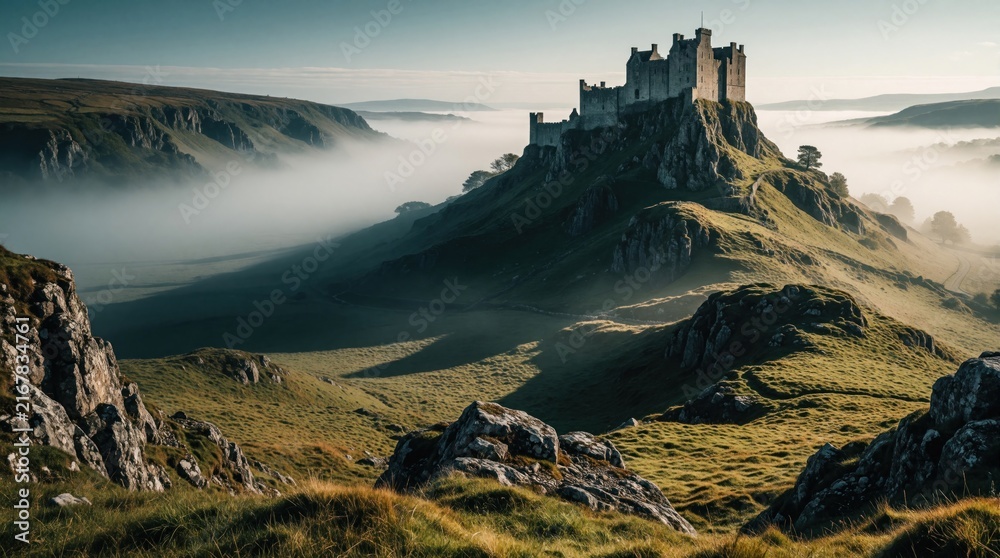Fototapeta premium Majestic medieval castle sits on steep rocky hill above misty valley. Fog covers green landscape, hills under soft morning light. Ancient fortress towers over dramatic mountain scenery with long