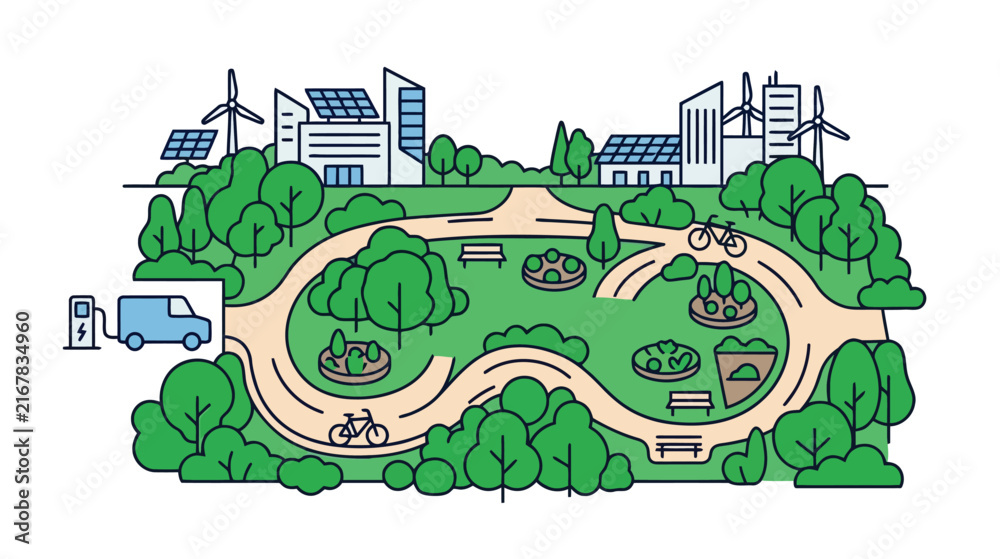 Fototapeta premium Eco Friendly Sustainable Green City with Solar Panels Wind Turbines and Electric Vehicle Charging