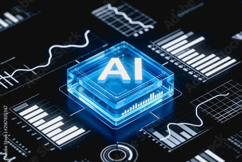 A transparent blue AI processor chip sits on a digital interface with data charts and analytics elements, representing artificial intelligence computing.